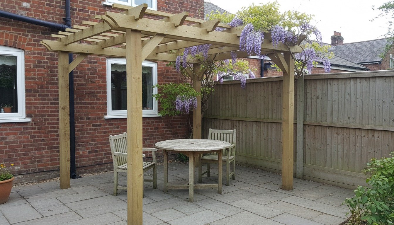 A softwood pergola with slatted rafters over a sandstone patio in a British back garden, with climbing wisteria and a wooden dining table beneath