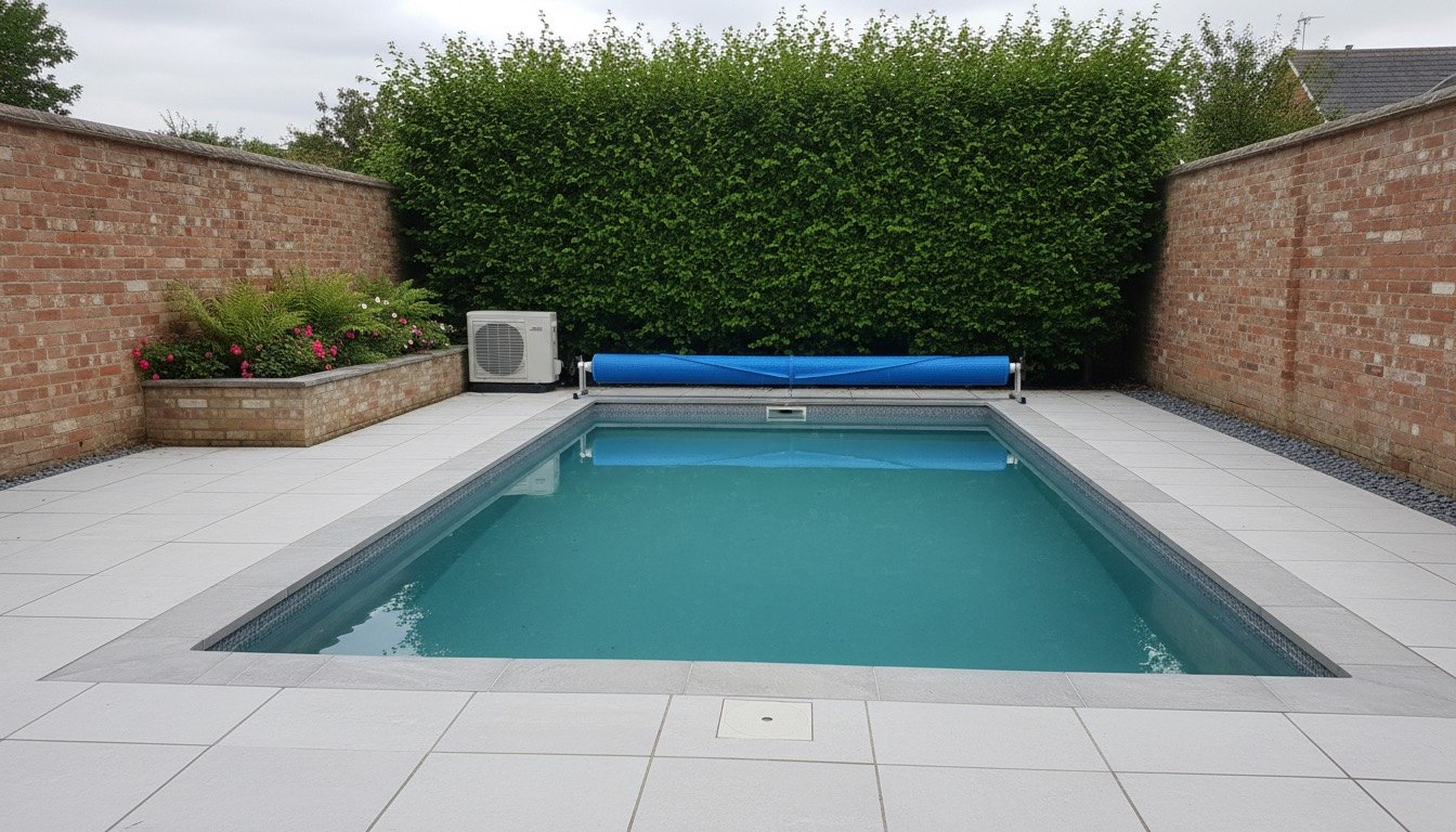 A rectangular in-ground swimming pool with grey coping stones and porcelain paving in a walled British back garden on an overcast afternoon