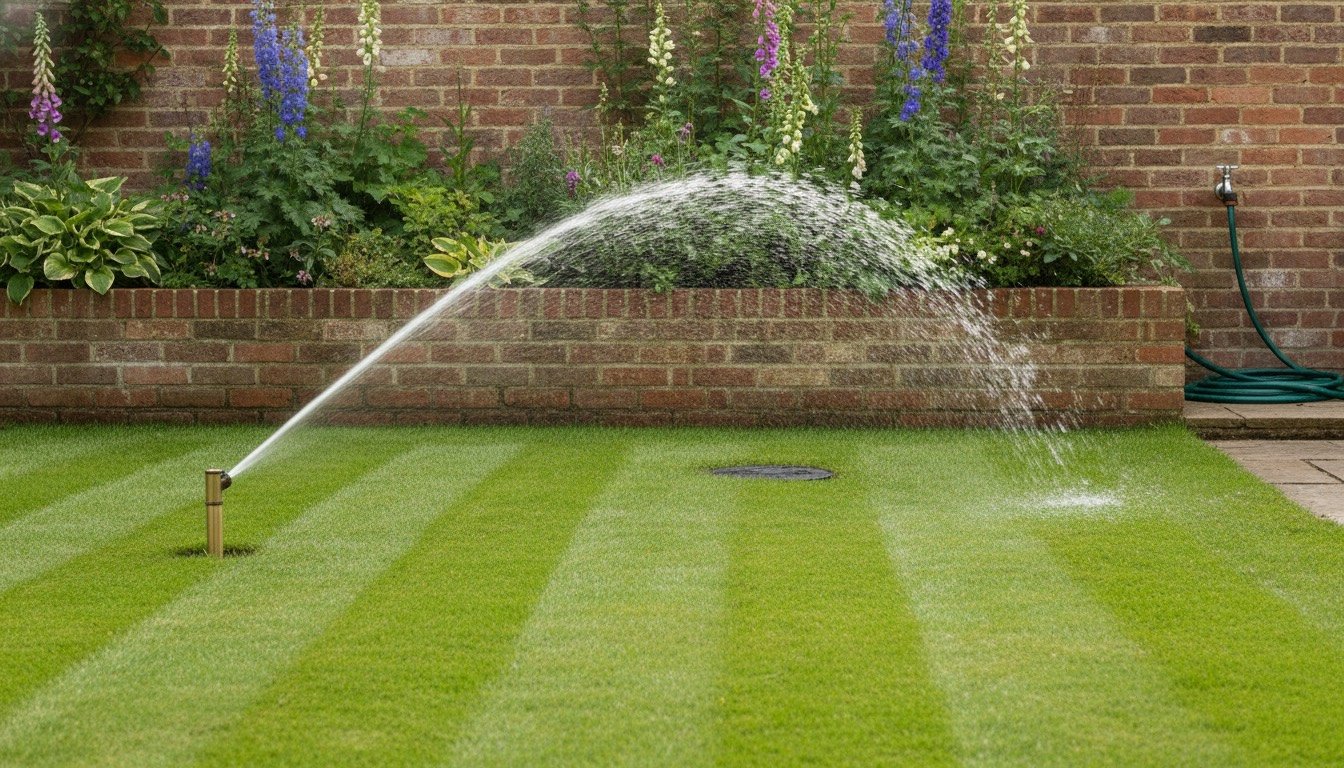 Pop-up sprinkler head watering a striped lawn in a British suburban back garden, with a valve box lid set into the turf beside a brick boundary wall