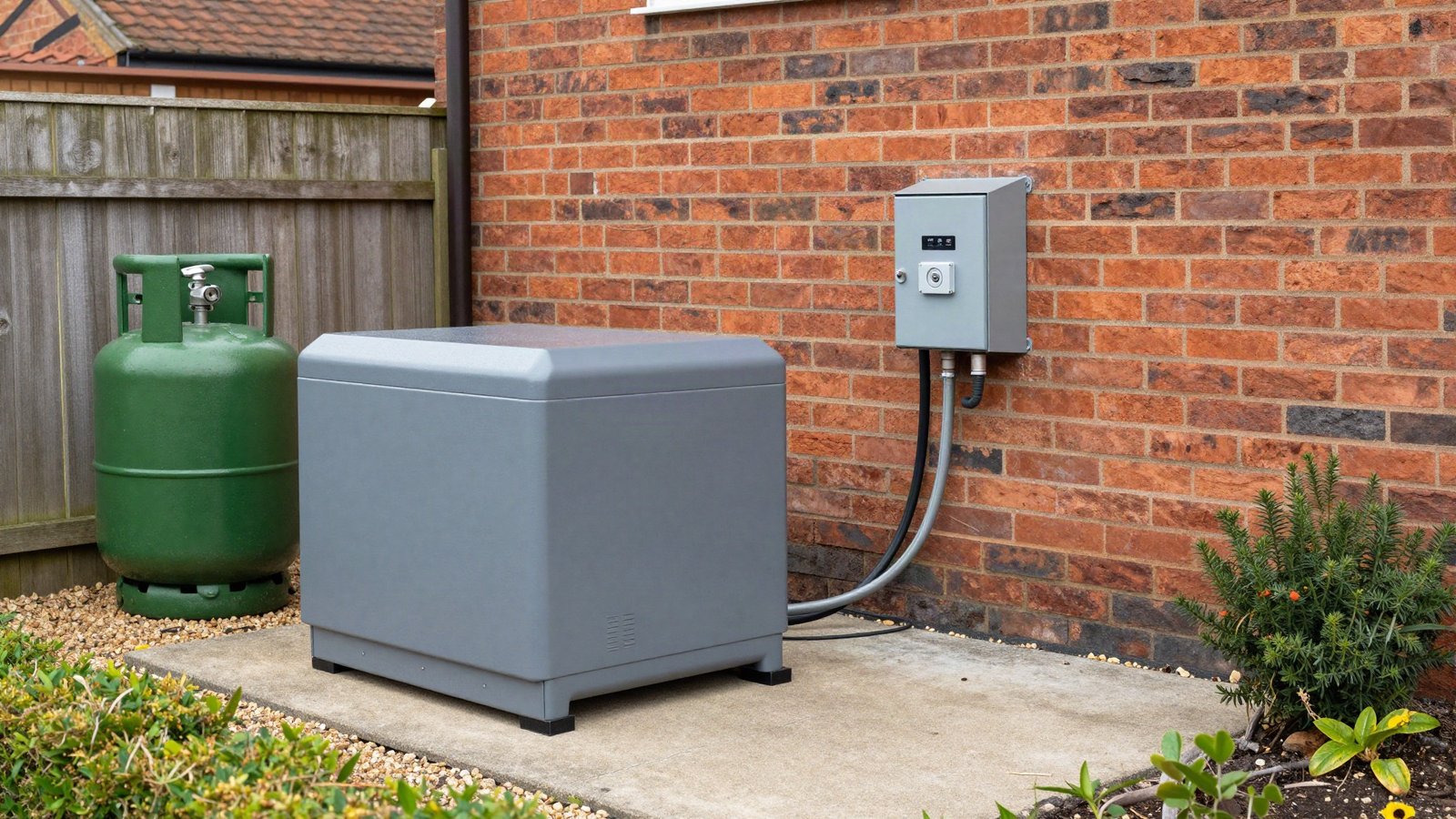 Grey acoustic-canopy standby generator on a concrete plinth beside the brick side wall of a UK detached house, with armoured cable running to a wall-mounted transfer switch
