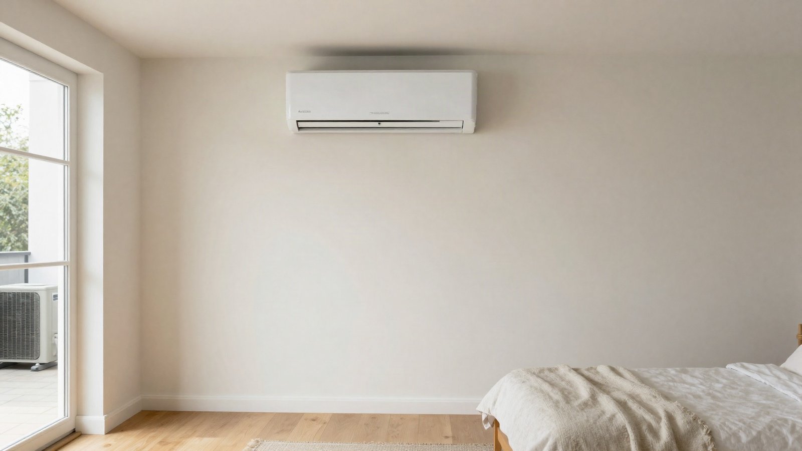 White wall-mounted air conditioning indoor unit above a window in a sunlit British bedroom, with the outdoor condenser visible on the patio beyond