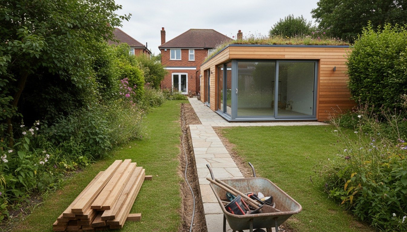 Cedar-clad garden annexe with aluminium sliding doors at the end of a British back garden, with a paved path running back to a brick semi-detached house