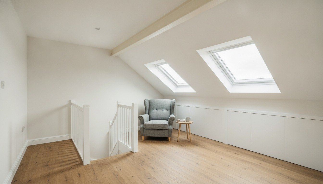 A converted loft room in a UK semi-detached house with sloping plastered ceilings, two rooflights, exposed steel beam and a fitted staircase