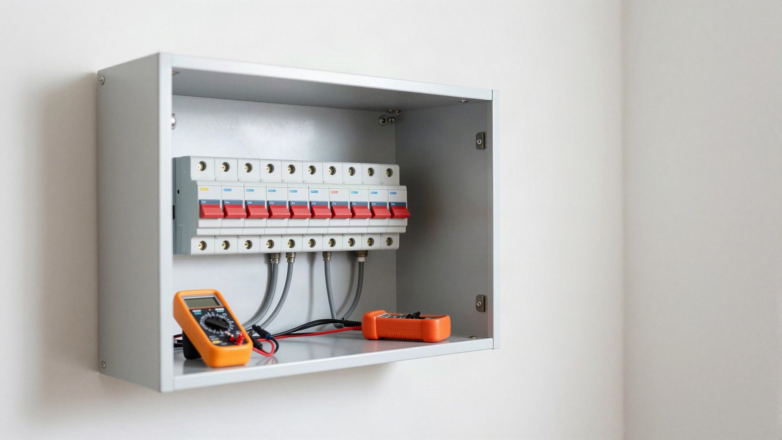 Open metal-clad consumer unit on a hallway wall showing rows of circuit breakers, main switch and grey meter tails running down to an electricity meter