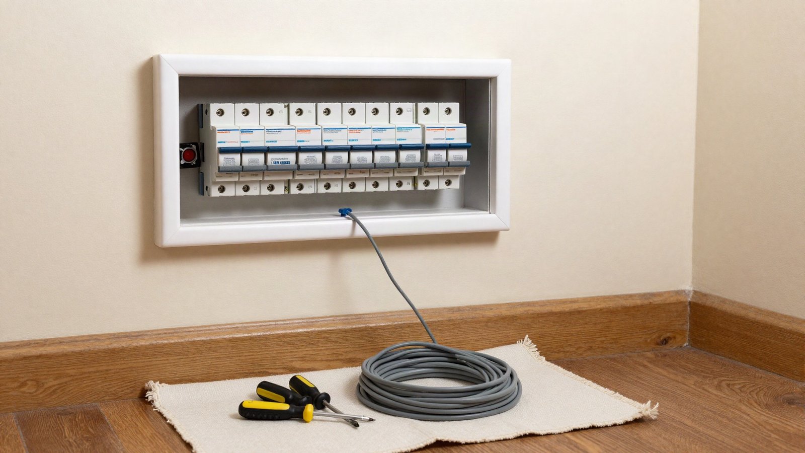Open consumer unit with rows of circuit breakers on a hallway wall, with a voltage tester and a coil of twin-and-earth cable on a dust sheet below