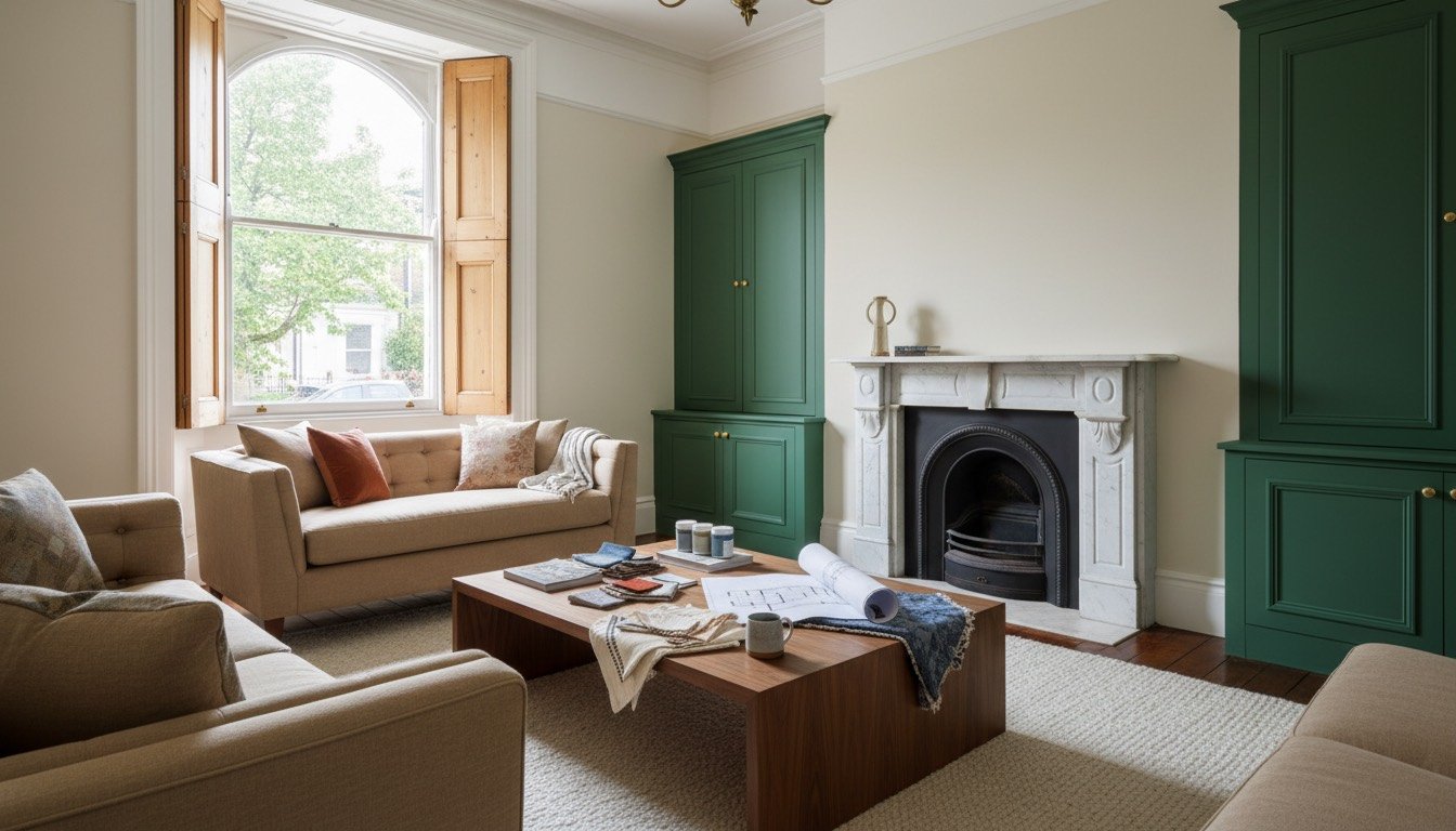 Victorian living room with a marble fireplace, sash window and alcove cupboards, with fabric samples and a floor plan laid out on a coffee table
