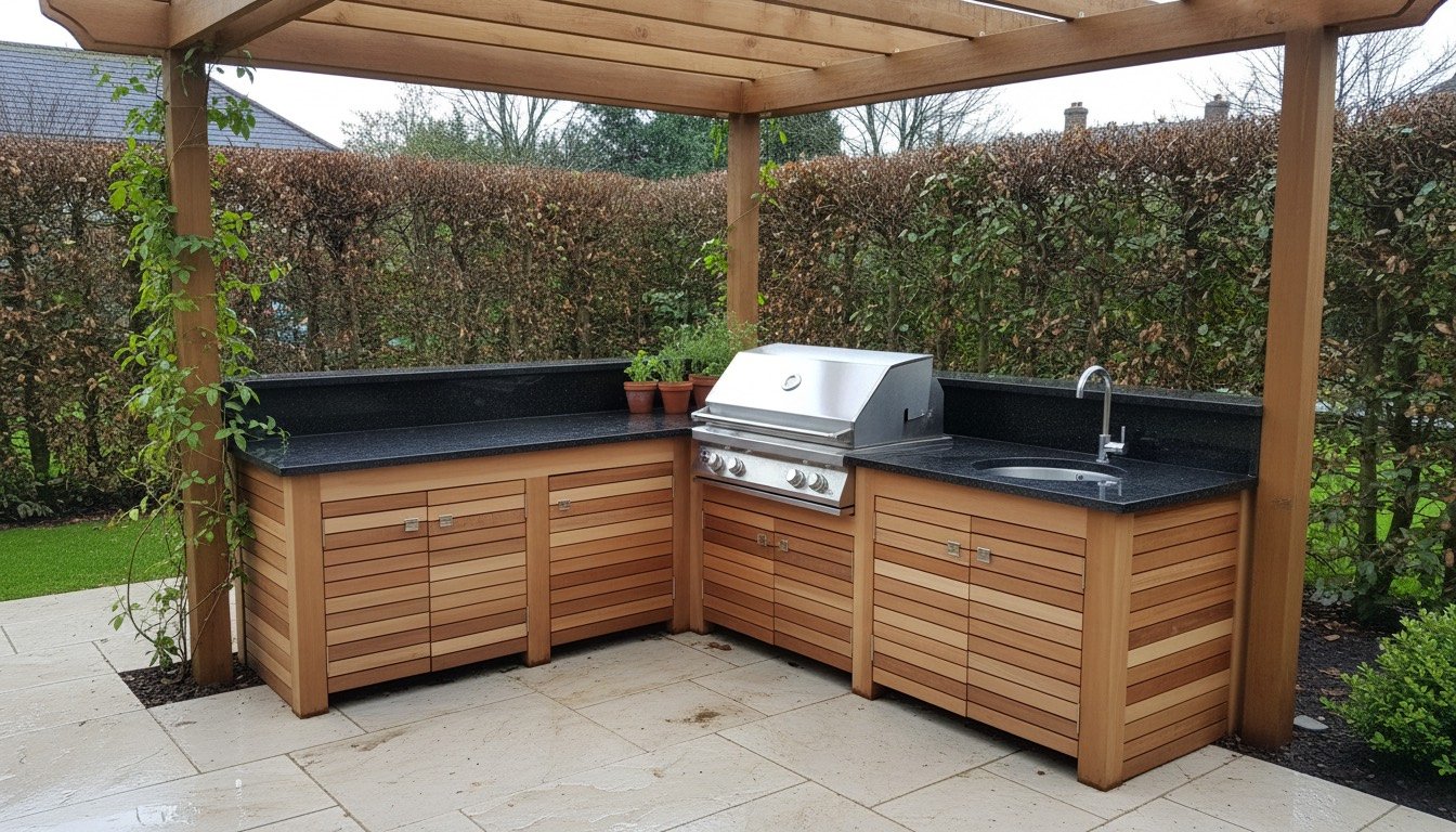 A built-in outdoor kitchen on a UK patio with a stainless steel gas barbecue, granite worktop and timber pergola overhead