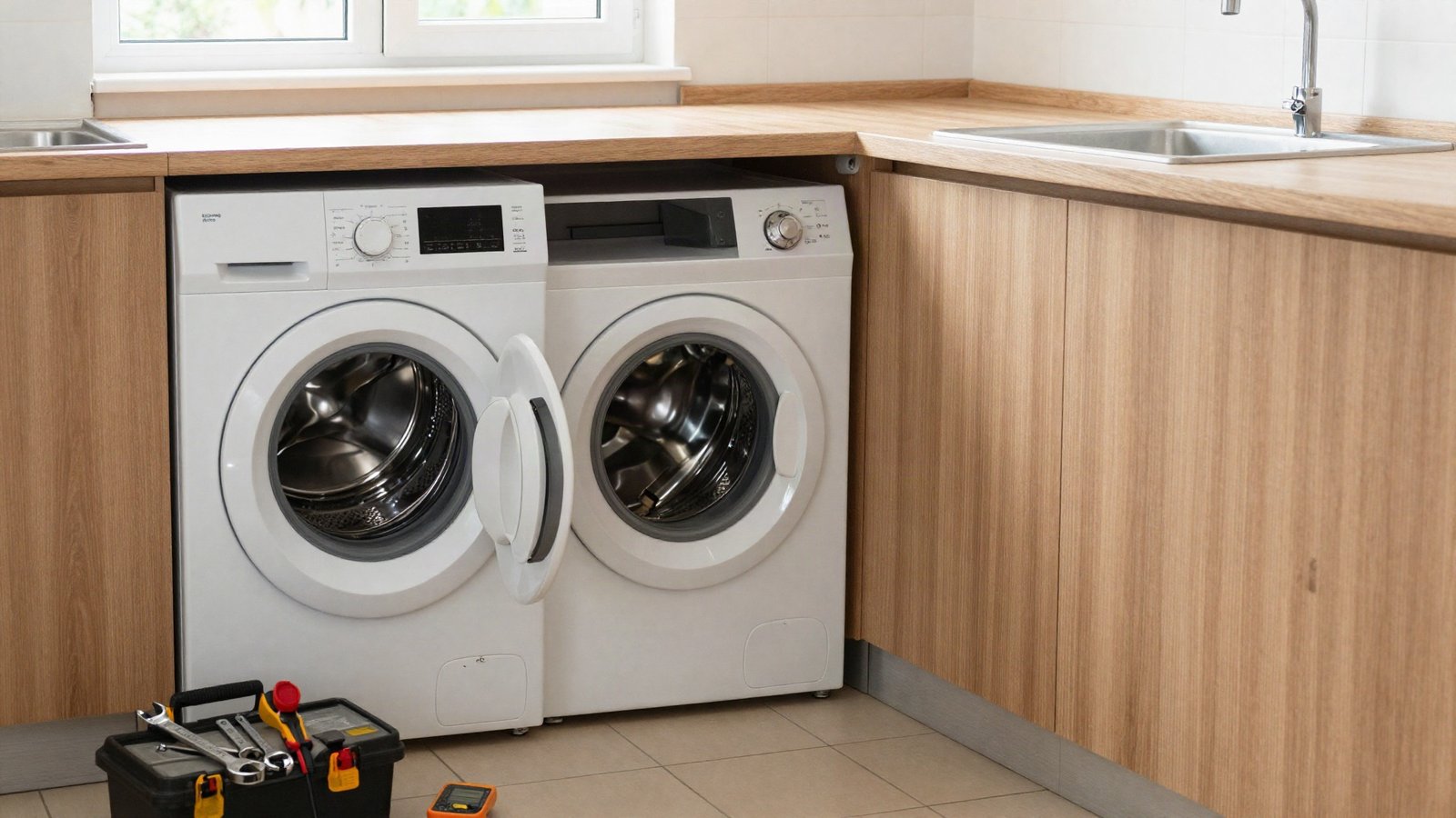 Front-loading washing machine pulled out from under a kitchen worktop with its front panel removed and hand tools on the floor beside it