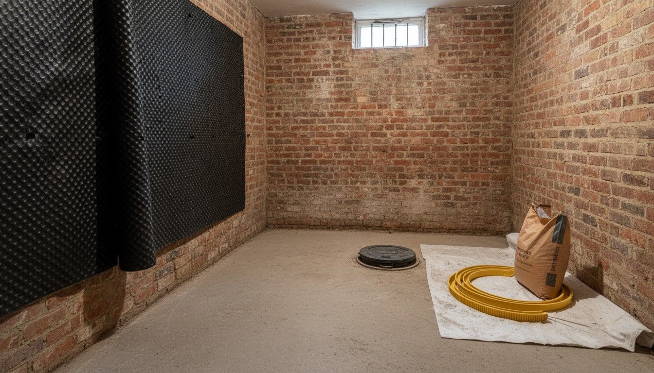 Bare brick cellar wall in a Victorian terrace with studded cavity drain membrane partly fixed, a sump chamber lid set into the concrete floor and a bag of tanking slurry nearby