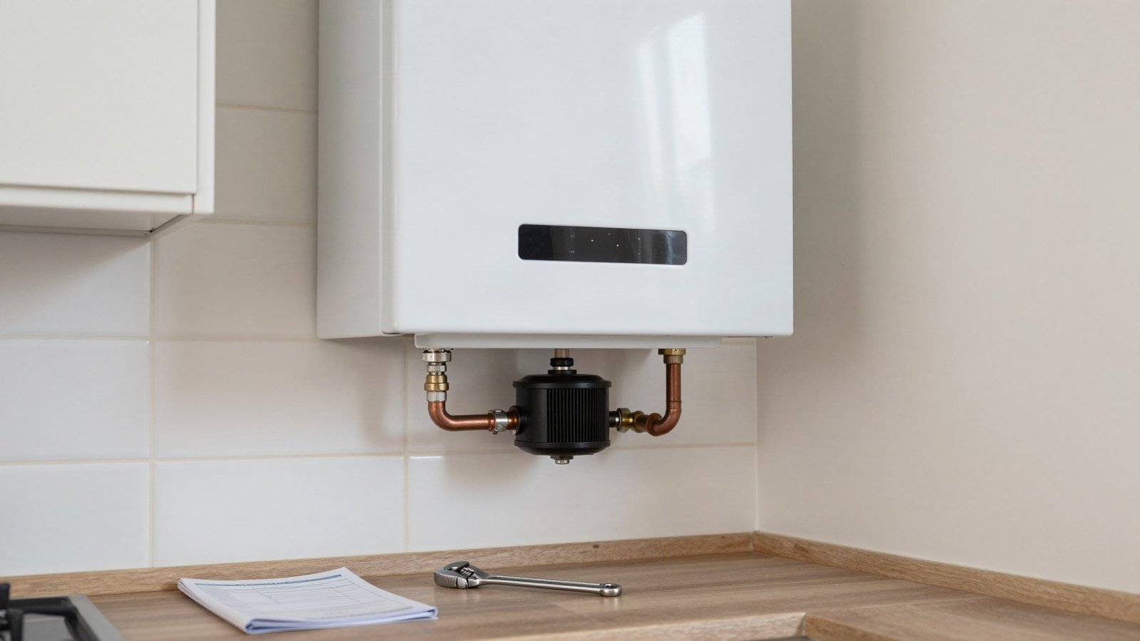 Wall-mounted combi boiler with the front casing removed, showing copper pipework and a magnetic system filter in a UK utility cupboard