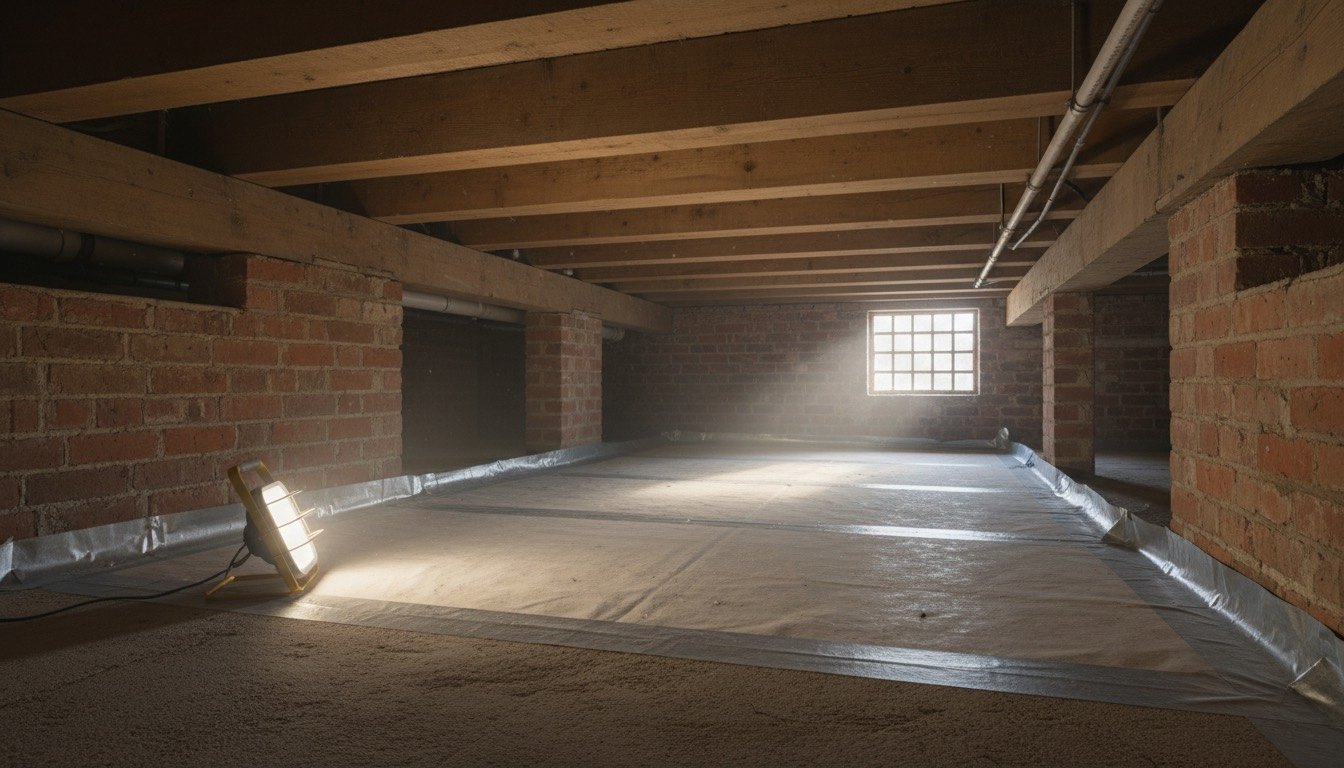 Underfloor void beneath a suspended timber floor lined with a taped white damp-proof membrane, with brick sleeper walls and joists visible