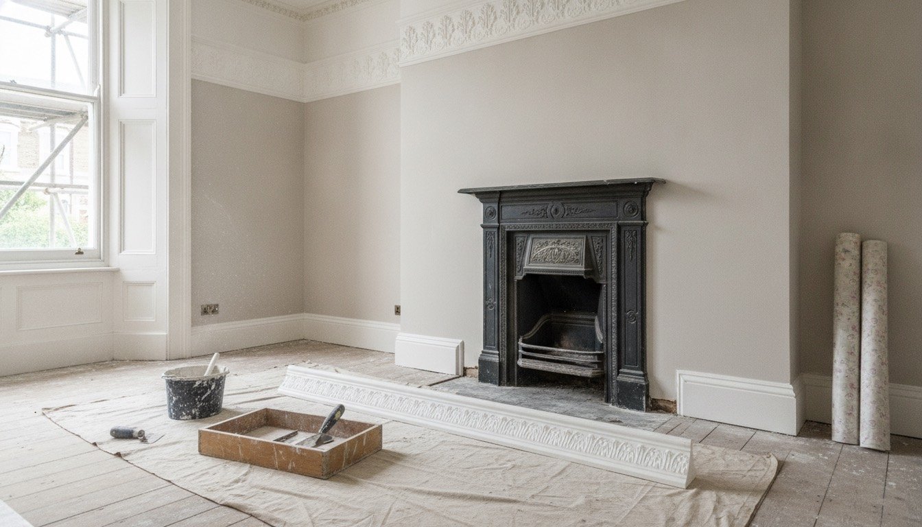 White plaster coving running along the join between a pale ceiling and wall in a UK living room, with a chimney breast and mitred corner visible