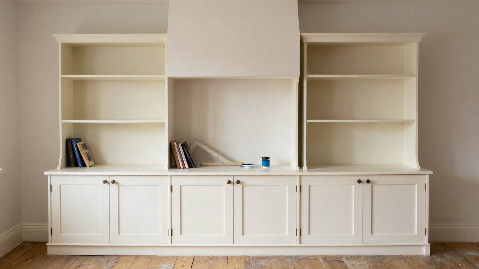 Painted MDF alcove shelving and base cupboards fitted either side of a chimney breast in a Victorian terrace living room