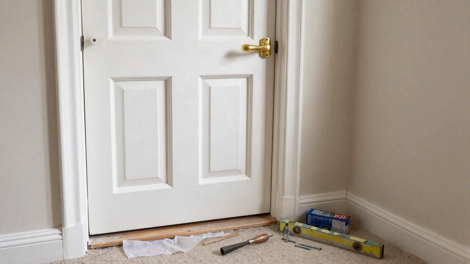 A newly fitted white primed four-panel internal door in a UK hallway, with brass lever handle, dust sheet and a joiner's chisel and hinges on the floor