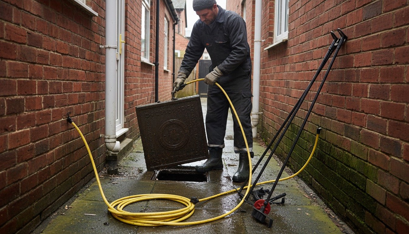 Drainage engineer lifting an inspection chamber cover in the side passage of a UK terraced house, drain rods and a jetting hose on the paving