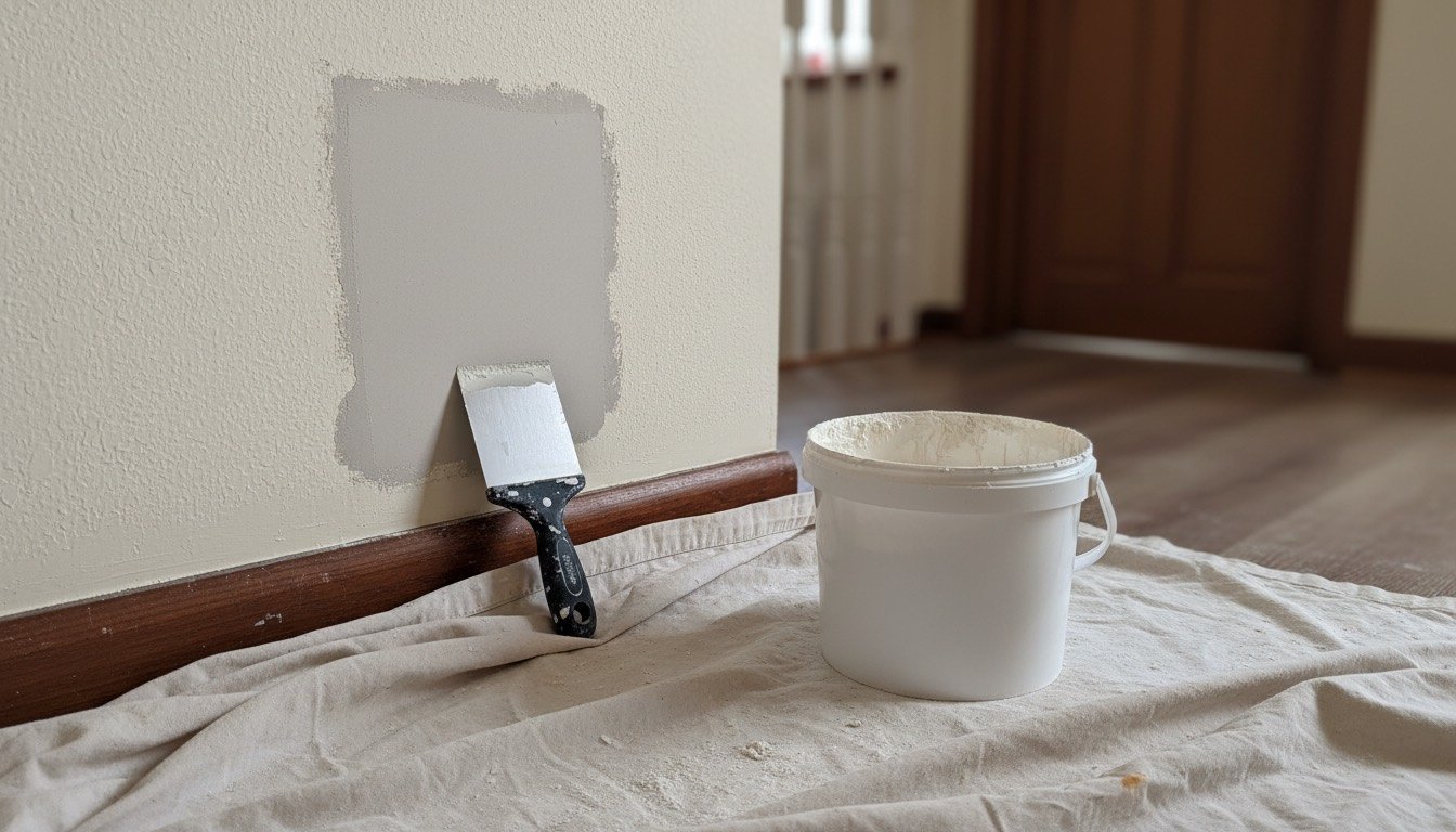 A freshly filled plasterboard patch on a hallway wall with a filling knife and tub of jointing compound resting on a dust sheet