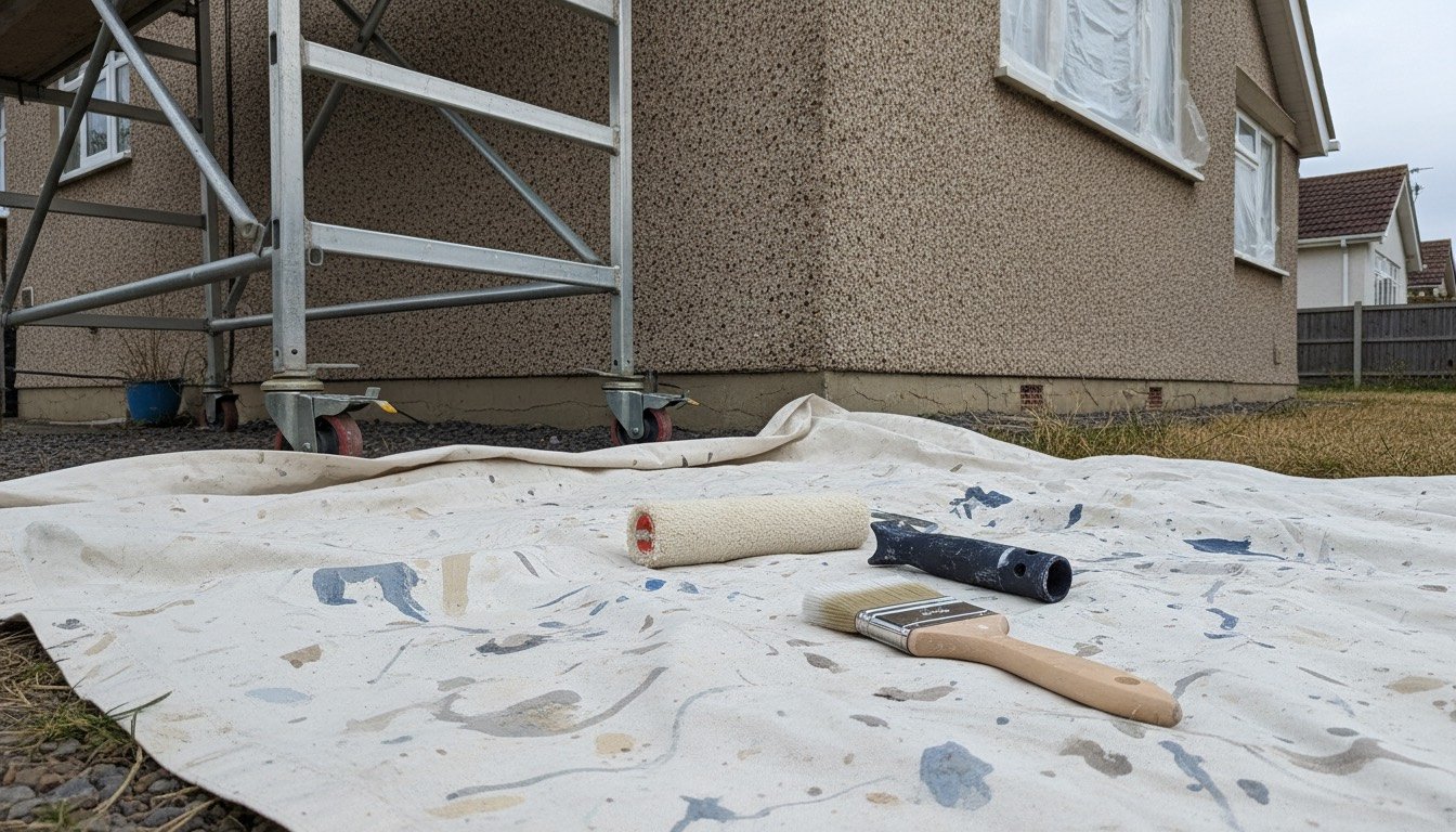 Decorator's roller, brush and alloy tower beside a pebbledashed 1930s UK semi-detached house being repainted