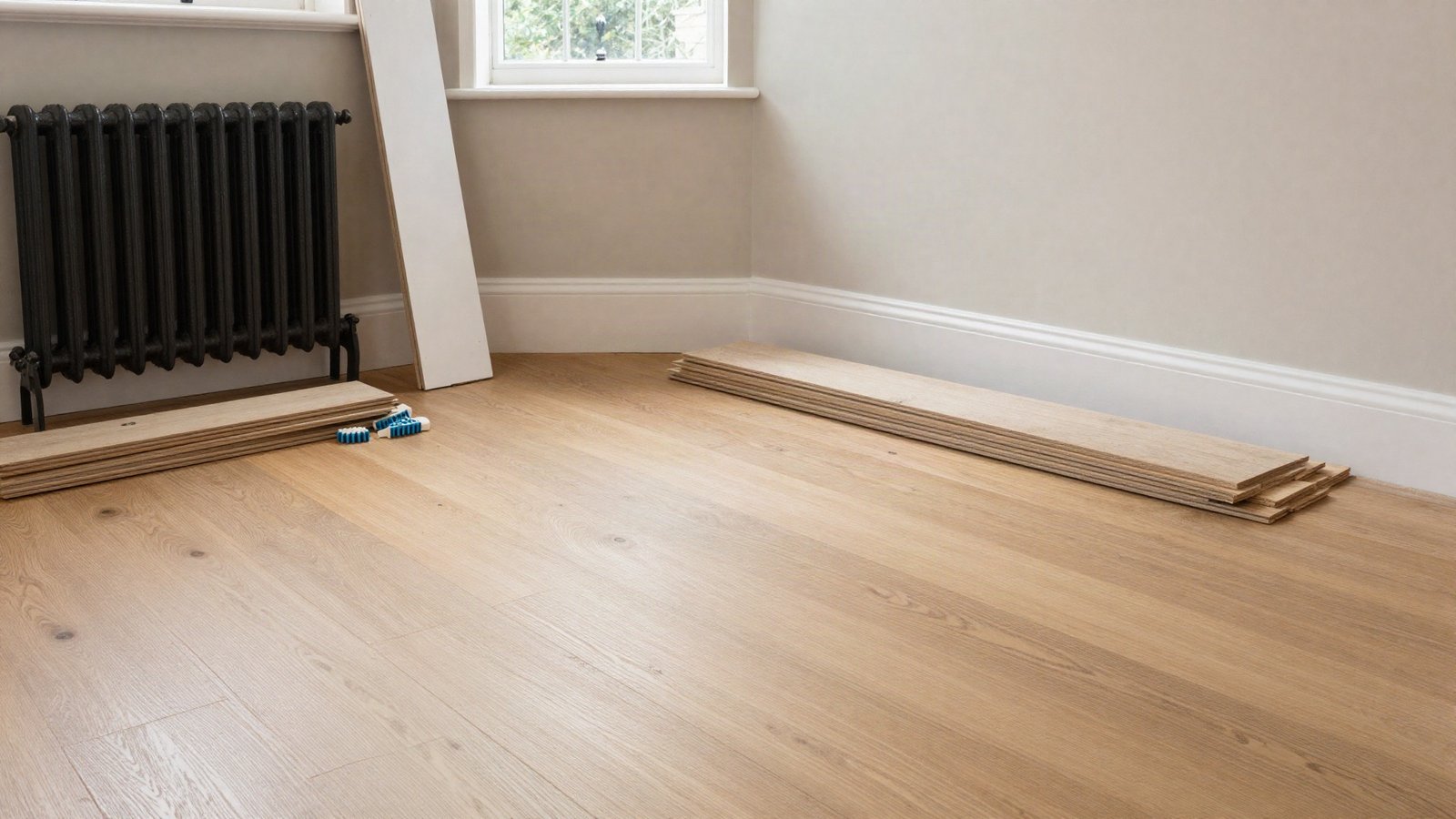 Newly fitted engineered oak floorboards in a UK living room with spare planks, a tapping block and spacers stacked against the skirting