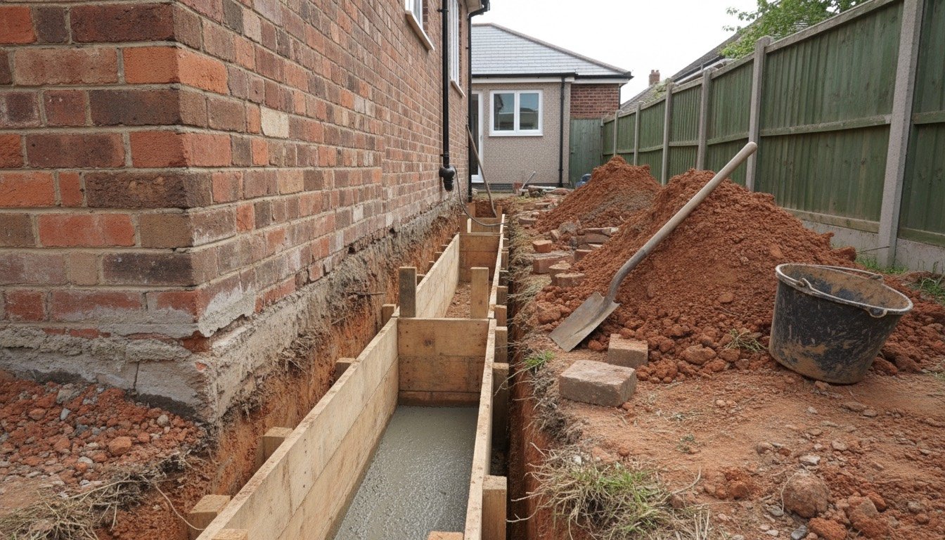 Exposed foundation trench and mass concrete underpinning bay beside the brick wall of a British semi-detached house