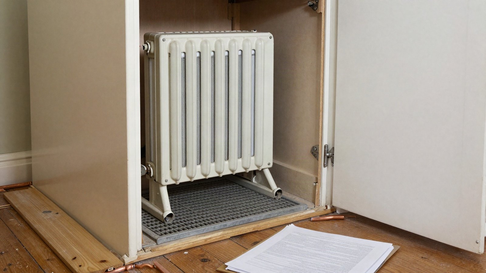 A ducted warm-air heating unit in a British utility cupboard next to a floor return-air grille and lifted floorboards