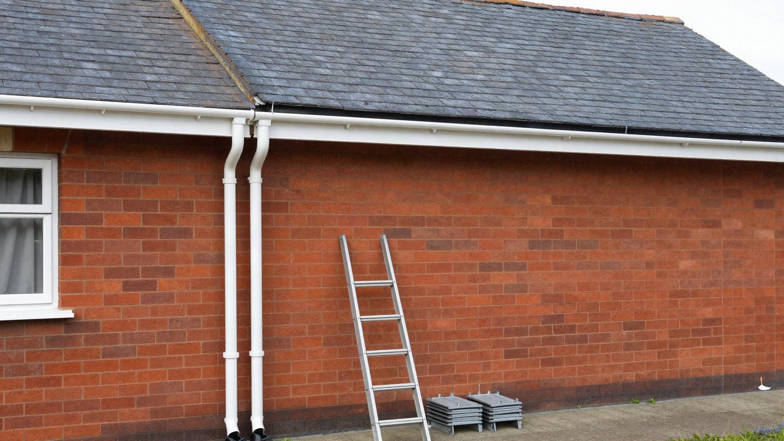 New white uPVC half-round guttering and a 68mm downpipe fitted along the fascia of a red-brick British semi-detached house