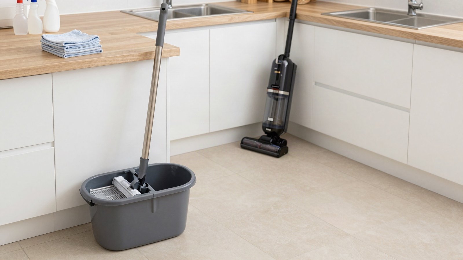 A mop bucket, microfibre cloths and spray bottles set out on a UK kitchen worktop beside a vacuum cleaner