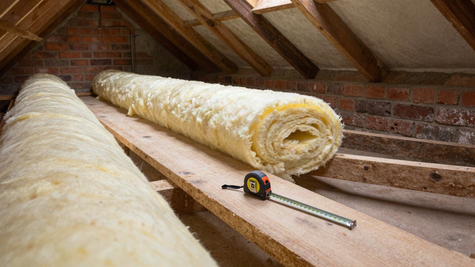 Rolls of mineral wool insulation laid between timber joists in a British loft, with a torch and tape measure resting on a boarded walkway