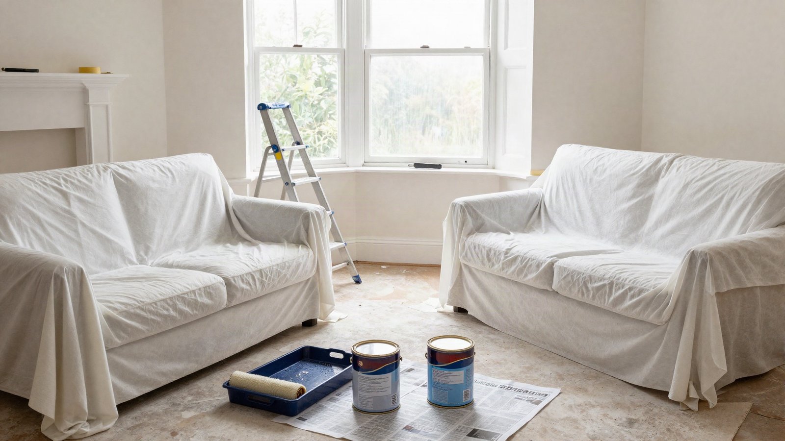 A UK living room part-way through redecoration with dust sheets, a roller tray and tins of emulsion beside a stepladder