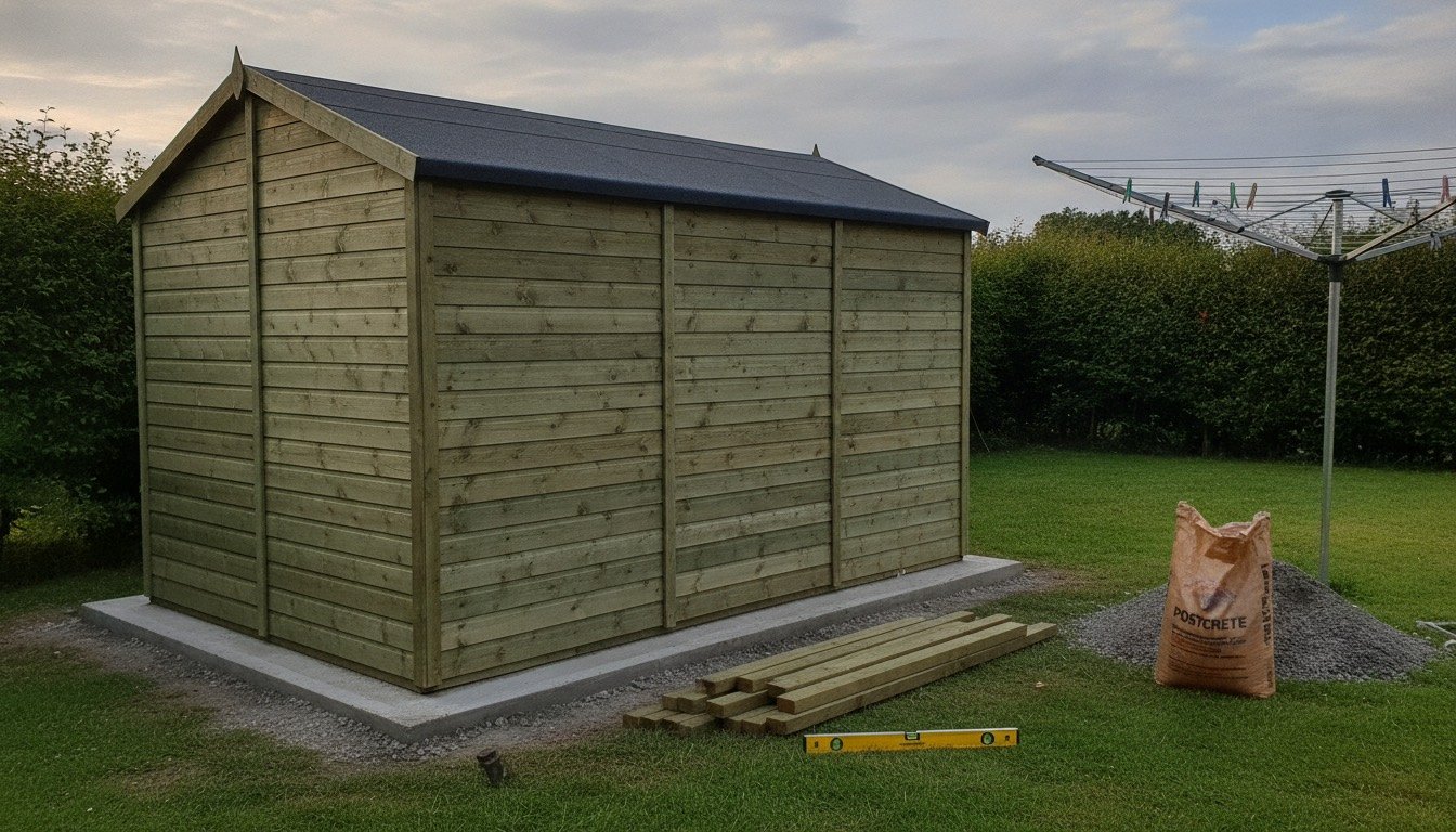A 10ft by 8ft shiplap timber shed with an apex felt roof standing on a concrete base in a British back garden, with a spirit level and treated bearers on the grass