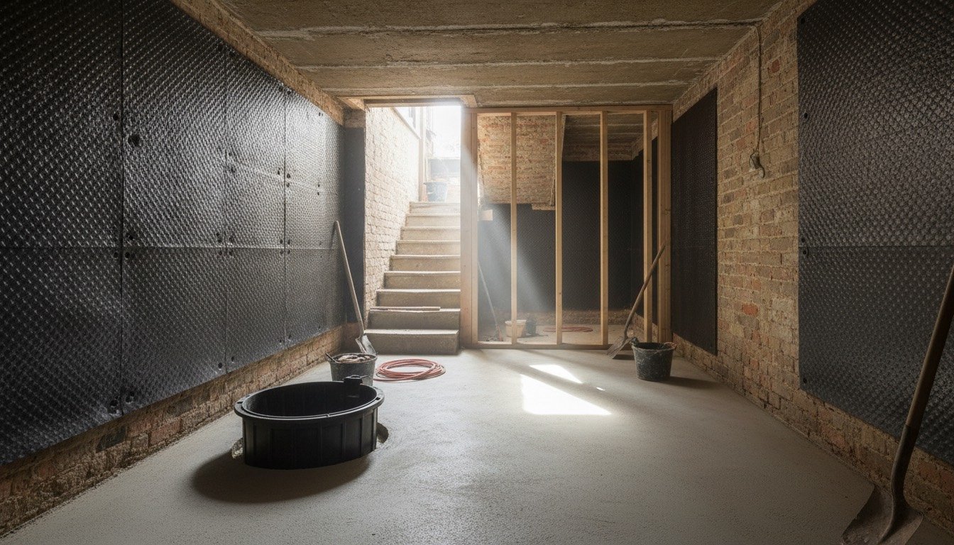 Victorian cellar mid-conversion with cavity drain membrane on the brick walls, a sump chamber set into a new concrete floor and timber stud framing