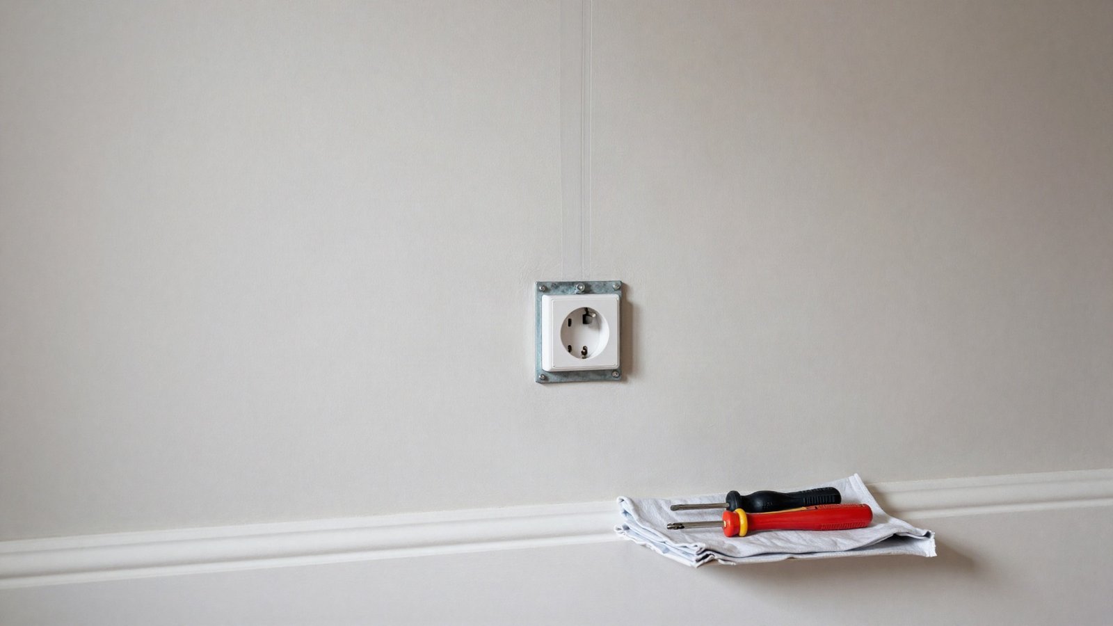 A newly fitted white double 13A plug socket on a freshly plastered alcove wall, with a chased cable channel above it and a socket tester on a dust sheet below