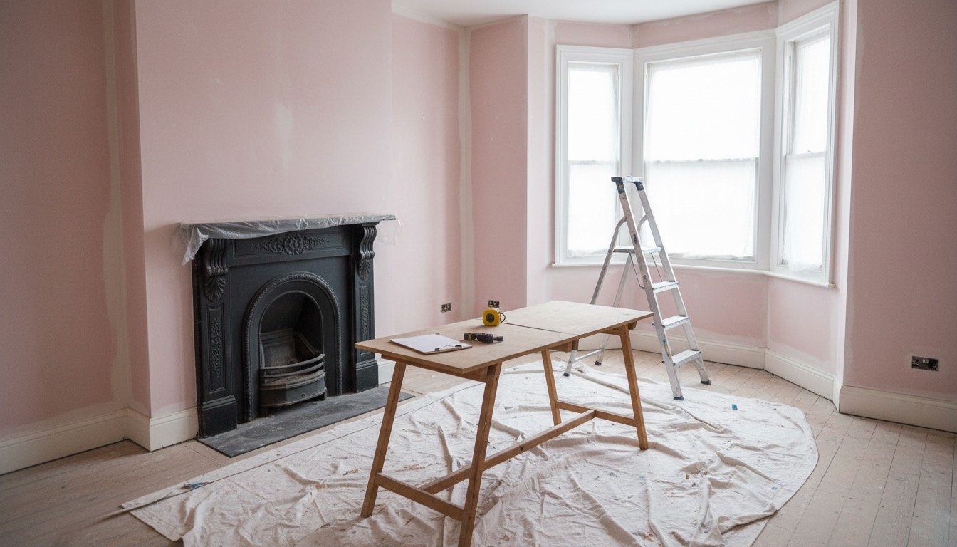 A stripped-back Victorian terrace living room mid-renovation, with bare plaster walls, dust sheets over floorboards and a stepladder beside the bay window