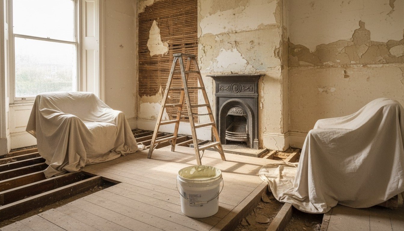 Stripped-back front room of a Victorian terraced house with exposed lath and lime plaster, lifted floorboards and a cast iron fireplace