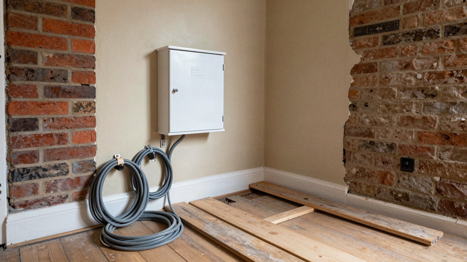 A Victorian terraced hallway part-way through a rewire, with chased brick walls, lifted floorboards and a new consumer unit