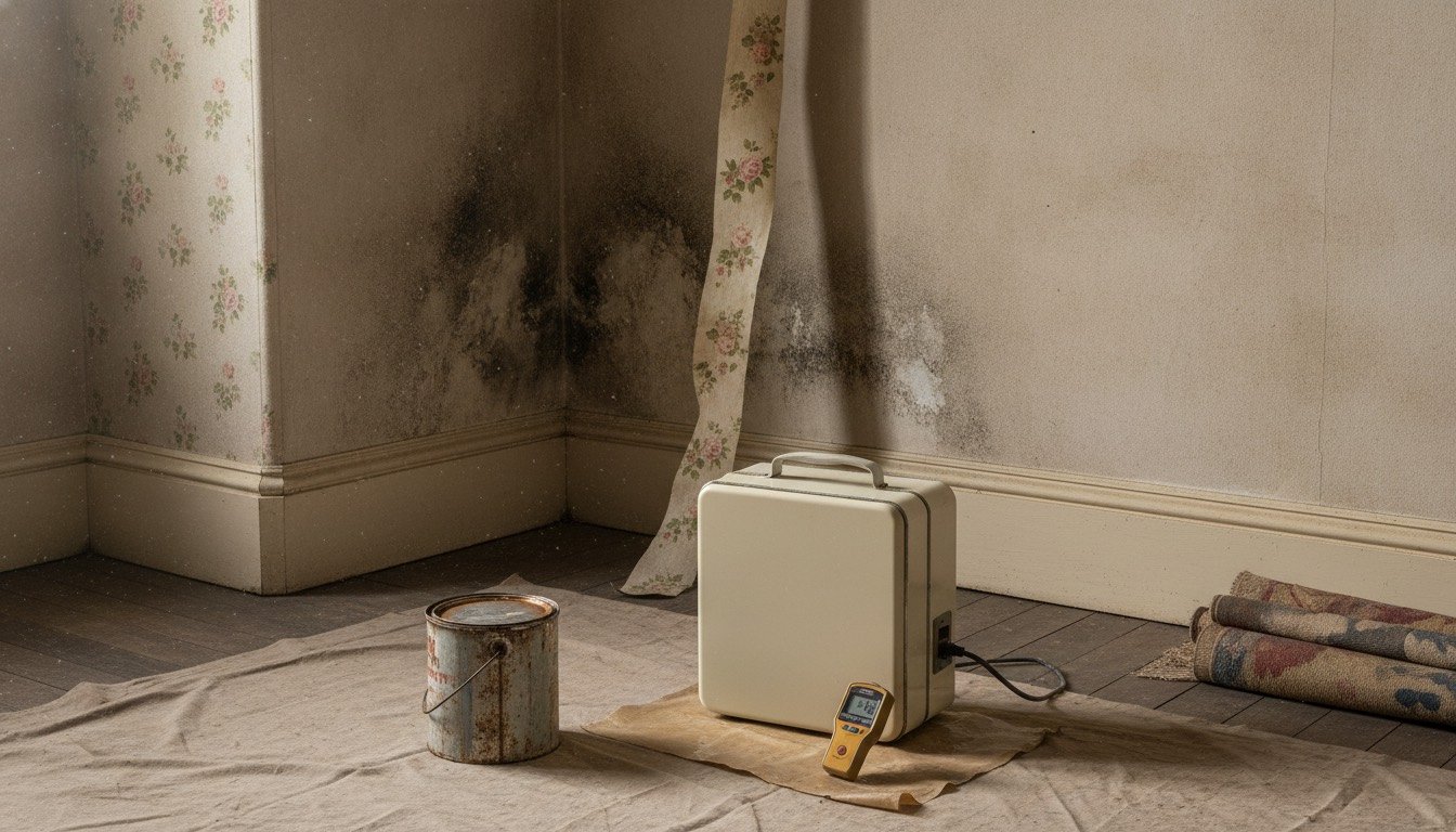Damp corner of a British bedroom with black mould on the plaster above the skirting, a dehumidifier and moisture meter on bare floorboards