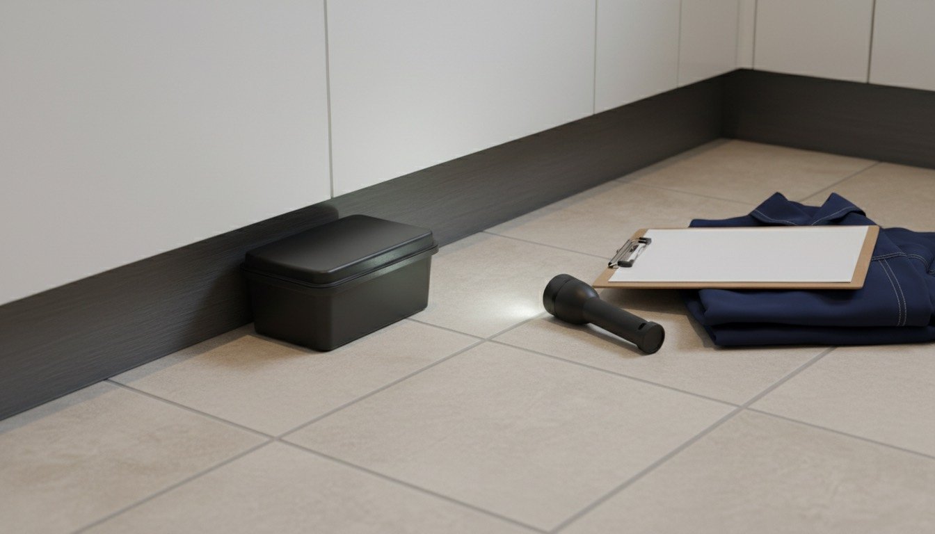 Pest control technician placing a tamper-resistant bait box beside kitchen skirting in a UK terraced house
