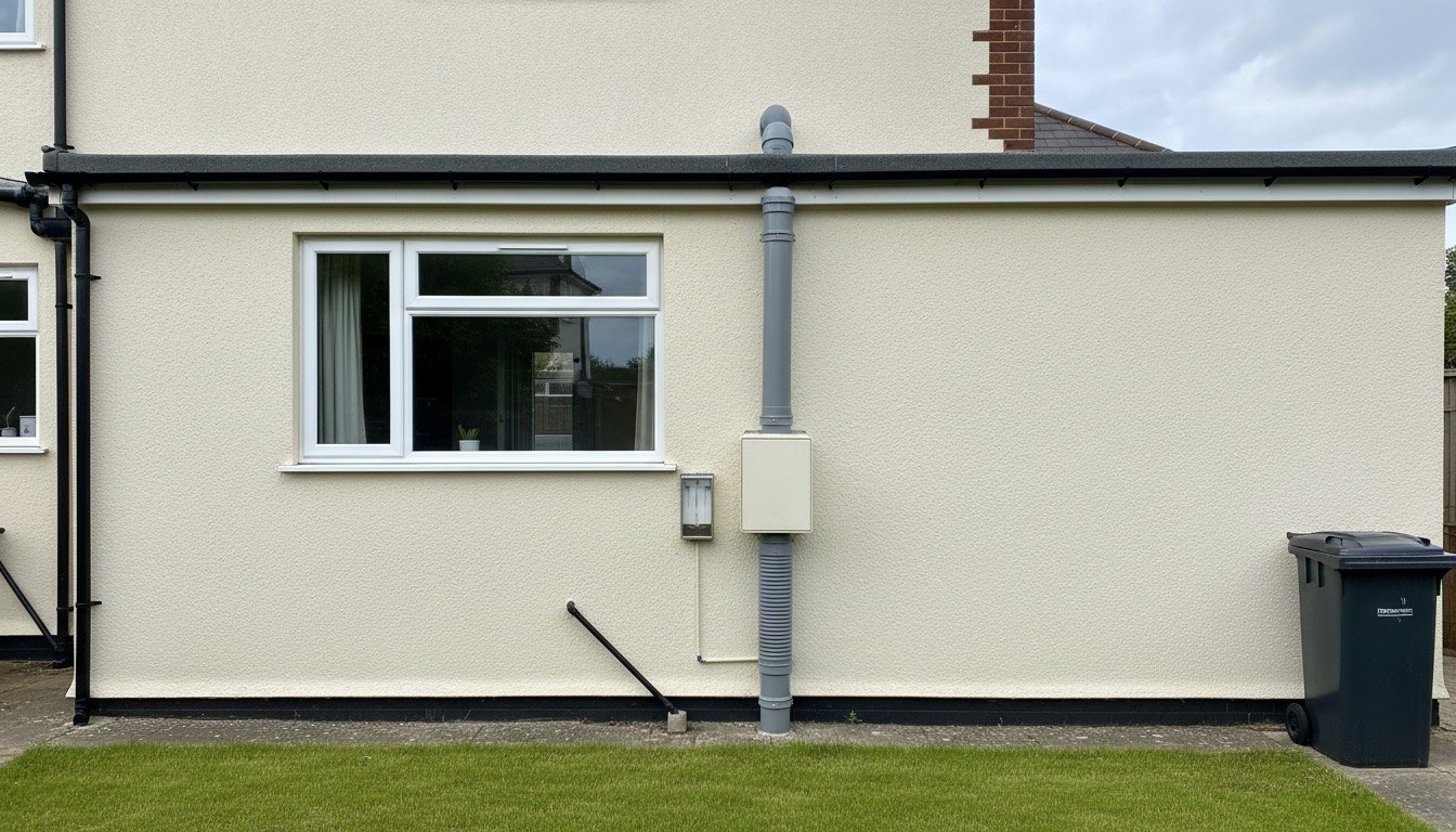 Grey radon sump discharge pipe and in-line fan running up the rear wall of a British semi-detached house to above the gutter