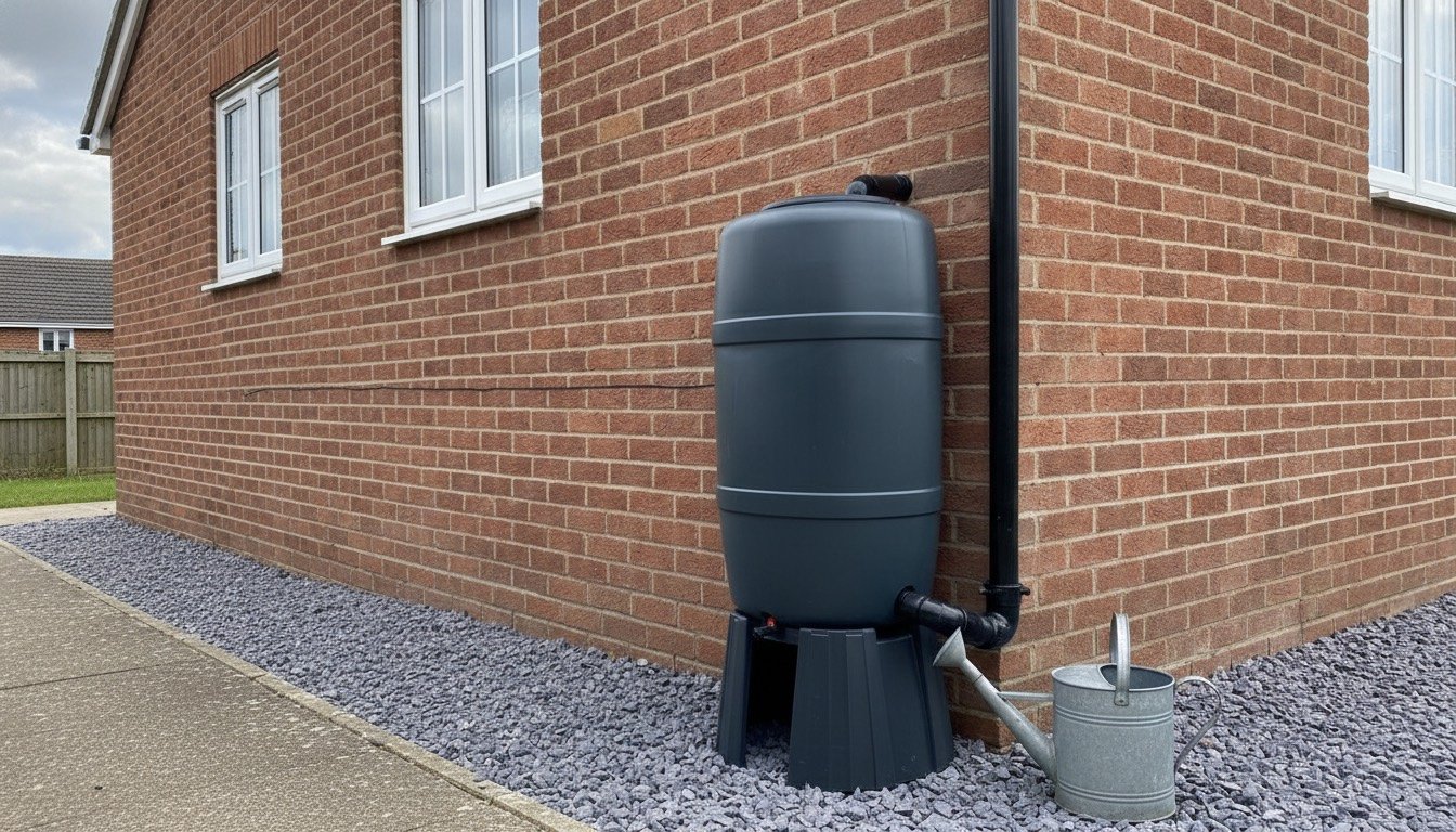 A slimline grey water butt fitted to a black downpipe against a red-brick British house, with a watering can on the gravel beside it