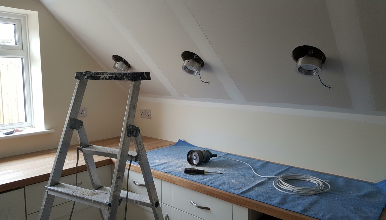 Fire-rated LED downlights being fitted into a white plasterboard kitchen ceiling in a UK home, with a hole saw and dust sheet below