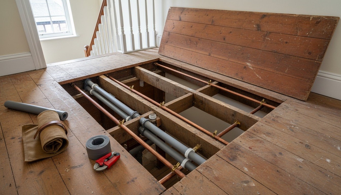 Lifted floorboards in a UK terraced house showing new 15mm copper and plastic push-fit pipework running between joists