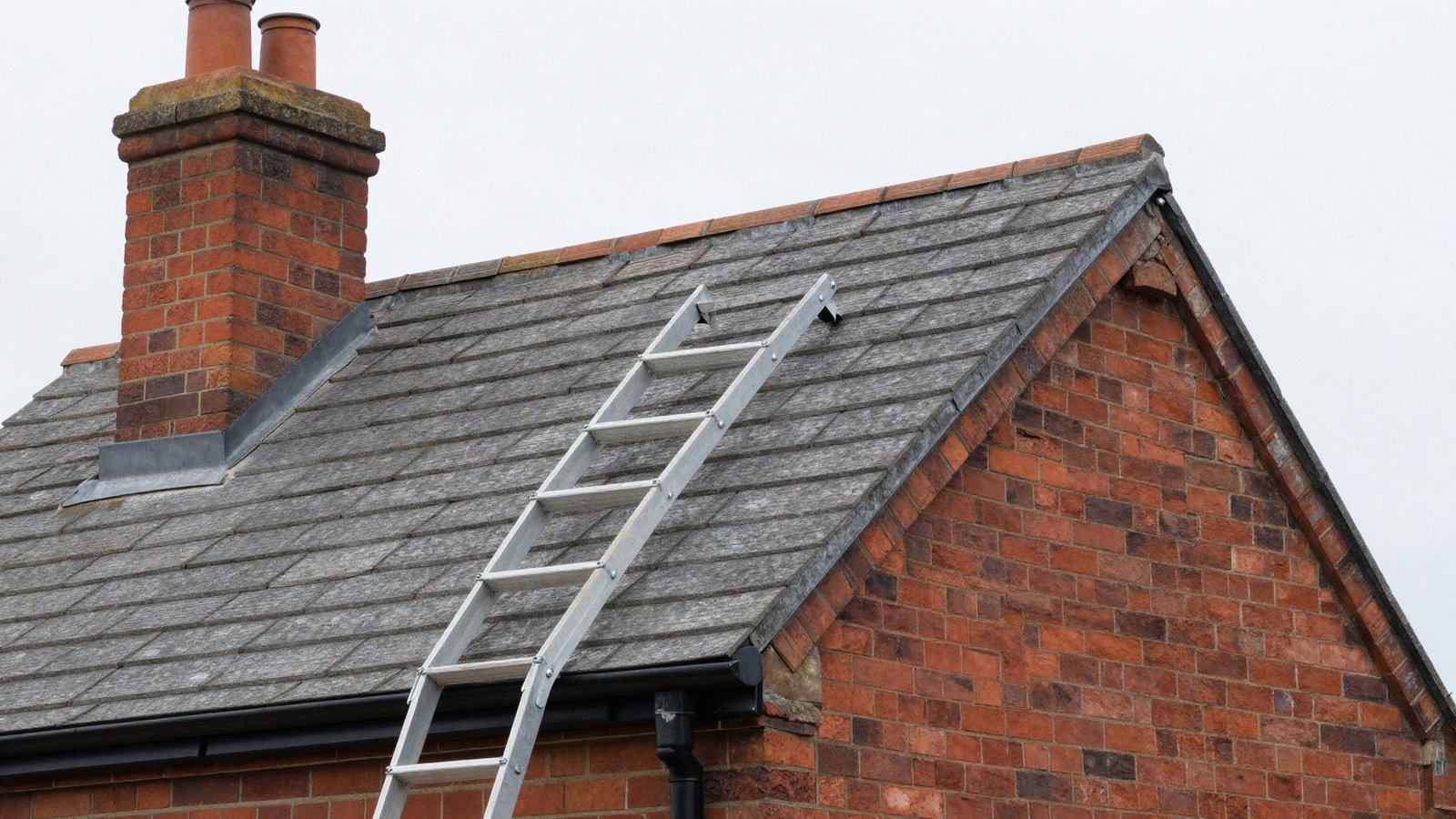 Slipped grey concrete roof tiles beside a red brick chimney stack with cracked mortar and lead flashing on a British semi-detached house