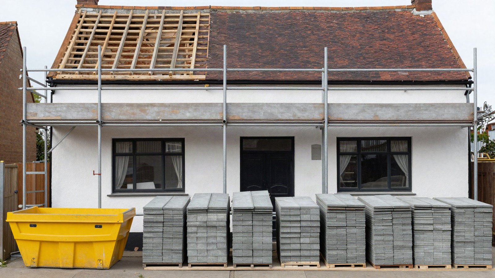 Scaffolding erected across the front of a British semi-detached house mid re-roof, with stacks of grey concrete interlocking tiles and a skip at the kerb
