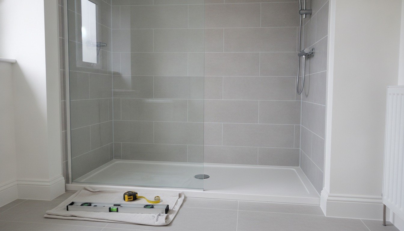 A newly fitted walk-in shower with an 8mm glass panel, low-profile stone resin tray and grey porcelain wall tiles in a UK bathroom