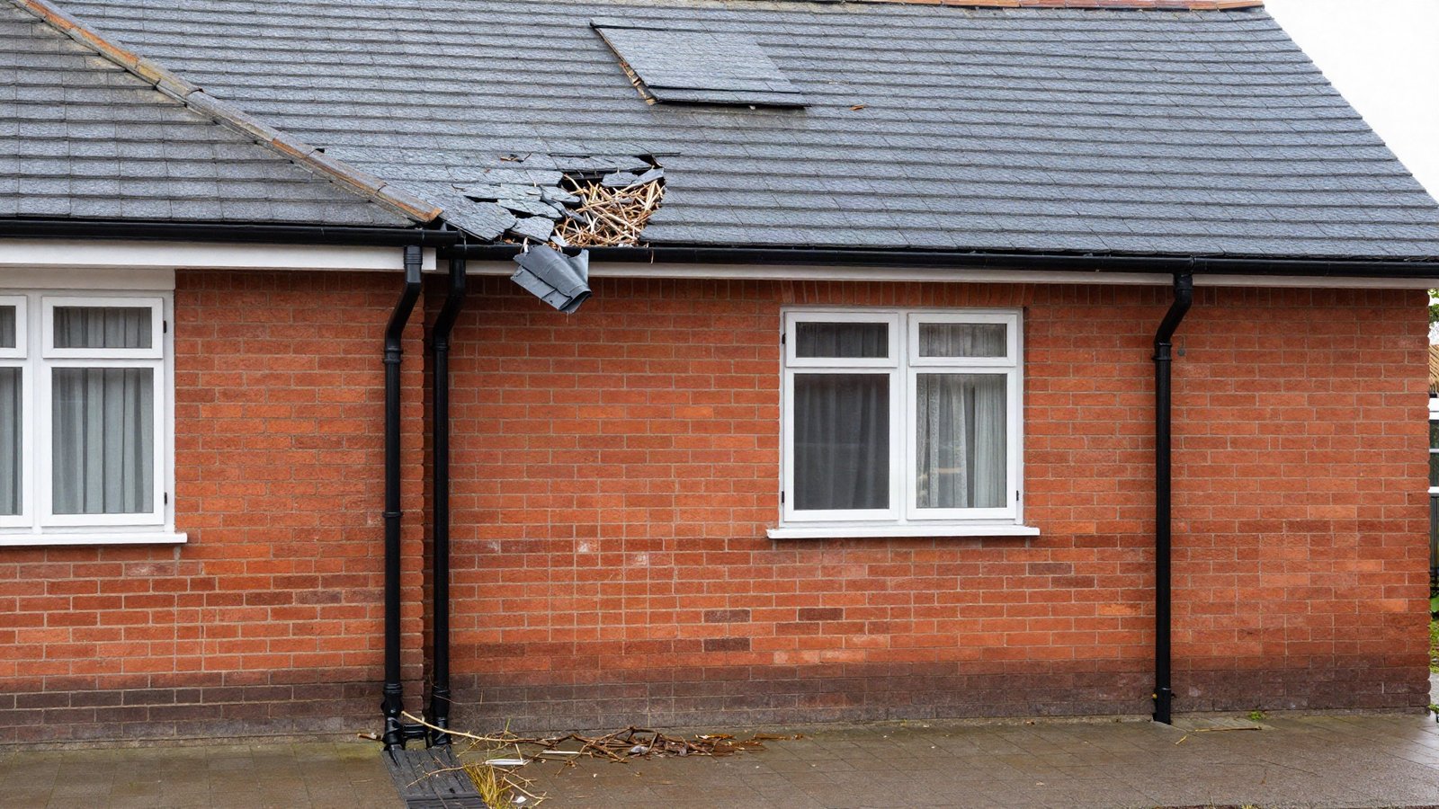 Slipped roof tiles and a detached section of plastic guttering on a UK semi-detached house after a storm, with debris on the driveway below