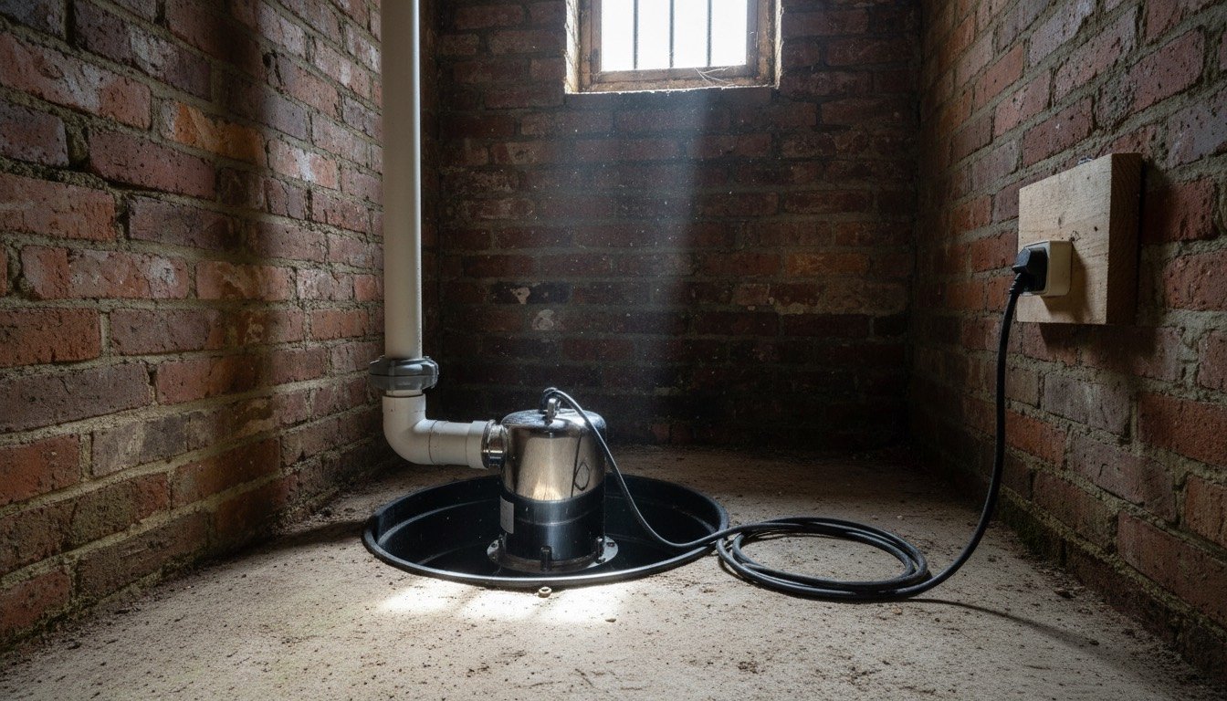 Submersible sump pump sitting in a sealed sump liner set into the concrete floor of a UK cellar, with discharge pipe and non-return valve