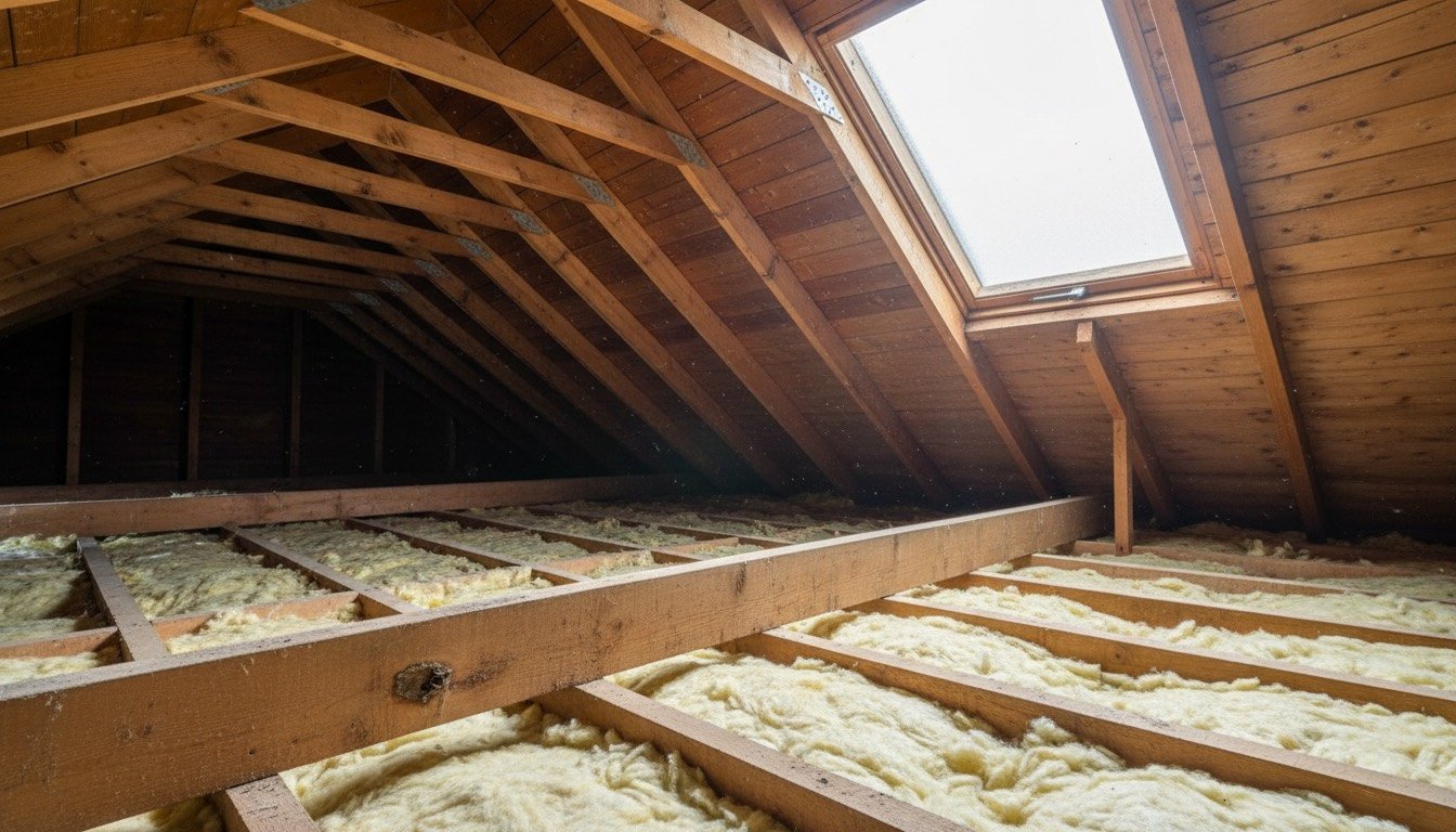 Exposed loft rafters in a 1930s UK semi showing small round flight holes and pale bore dust on a timber joist