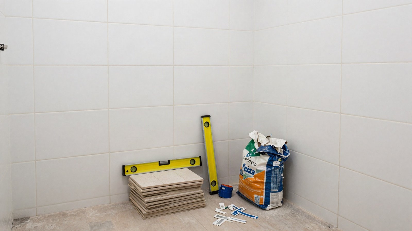 A part-tiled UK bathroom wall with porcelain tiles, a notched trowel, spirit level and tile spacers resting on the floor