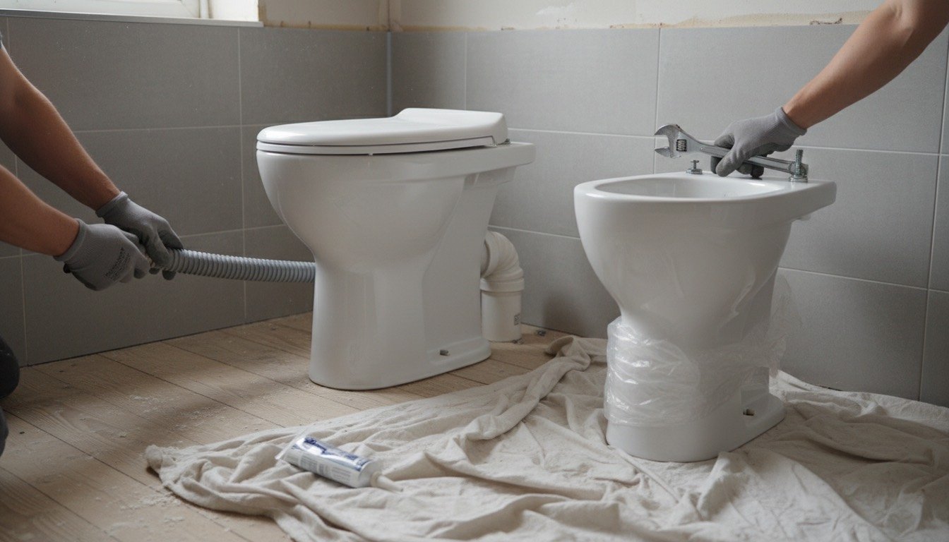 A plumber fitting a white close-coupled WC pan against a tiled bathroom wall, with a flexible pan connector and toolbox on the floor