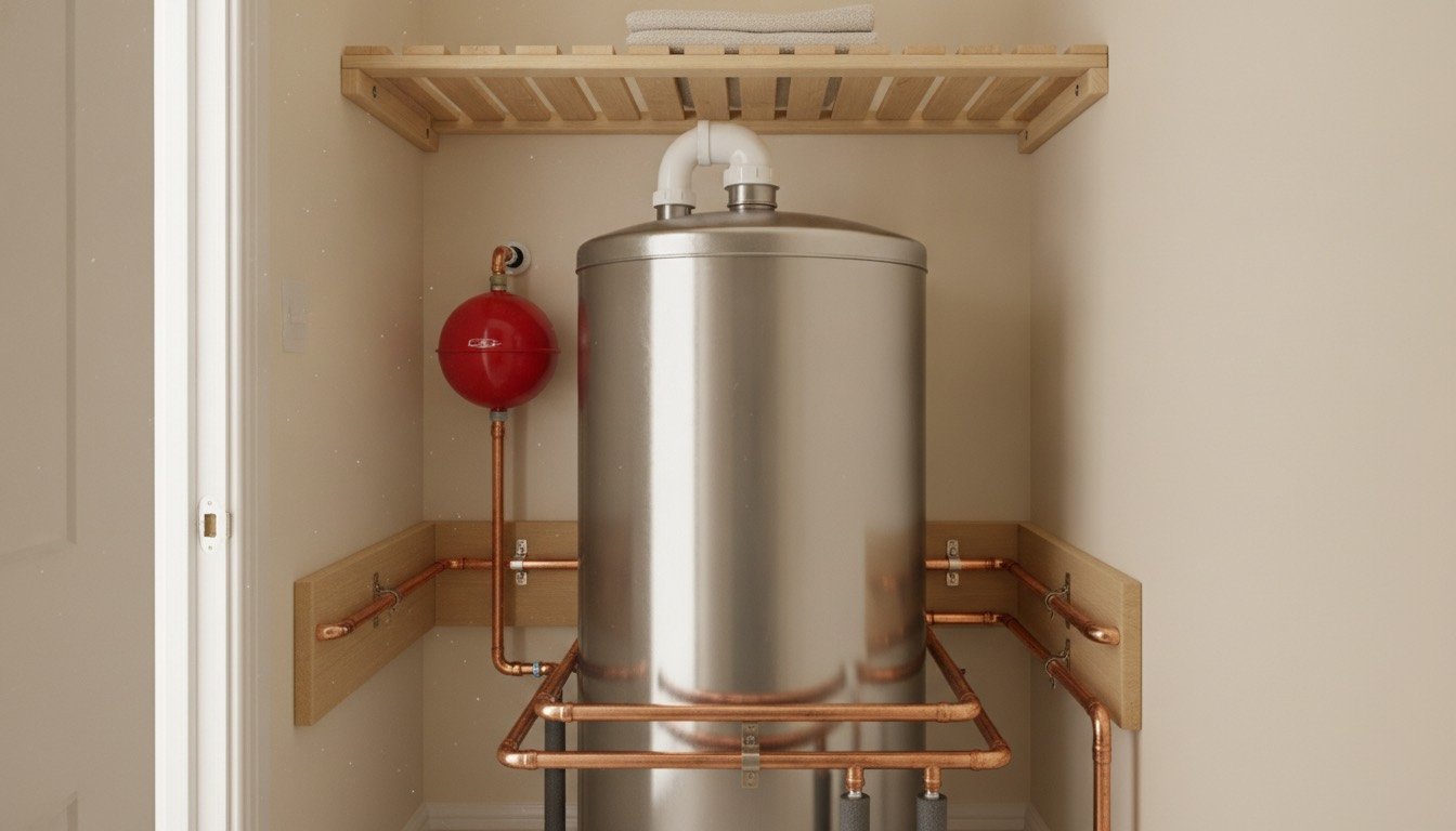 An unvented stainless steel hot water cylinder fitted in an airing cupboard of a UK home, with expansion vessel, tundish and copper pipework