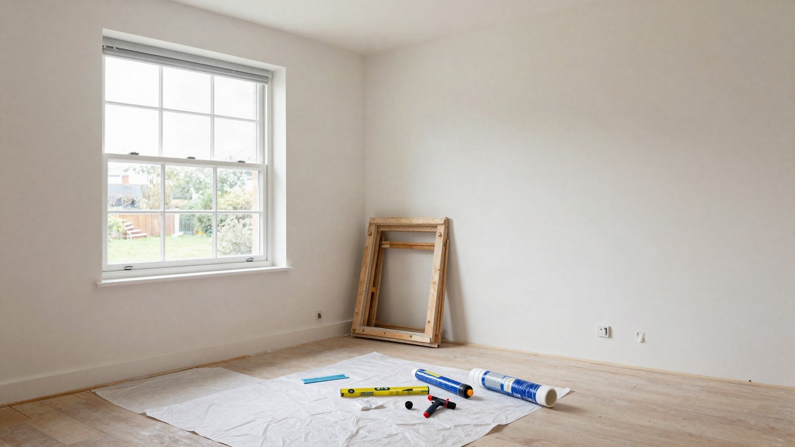 A new white uPVC casement window fitted into a brick reveal in a UK bedroom, with the old timber frame, packers and a silicone gun on a dust sheet